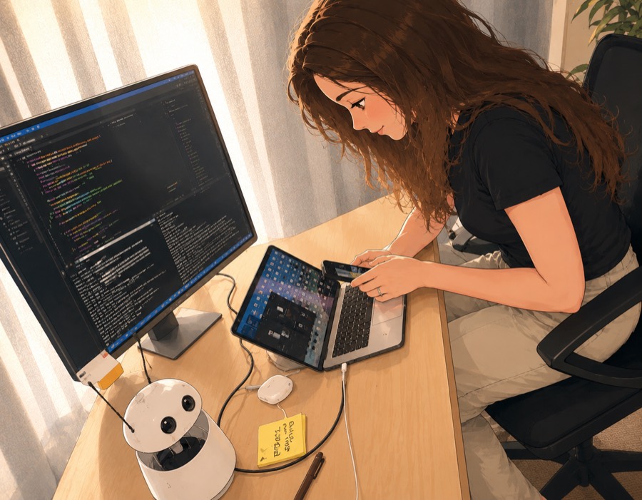 Illustration of a Reachy Mini on a desk watching someone reach for their phone